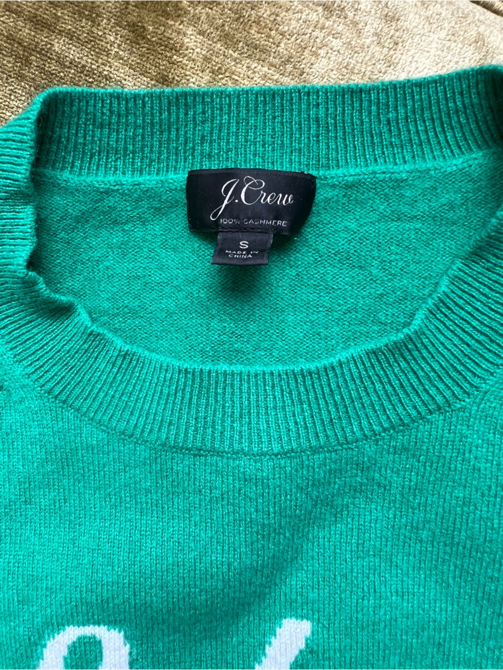 J. Crew Green Crewneck cashmere Sweater with White "Salut!" Script - Picture 2 of 5